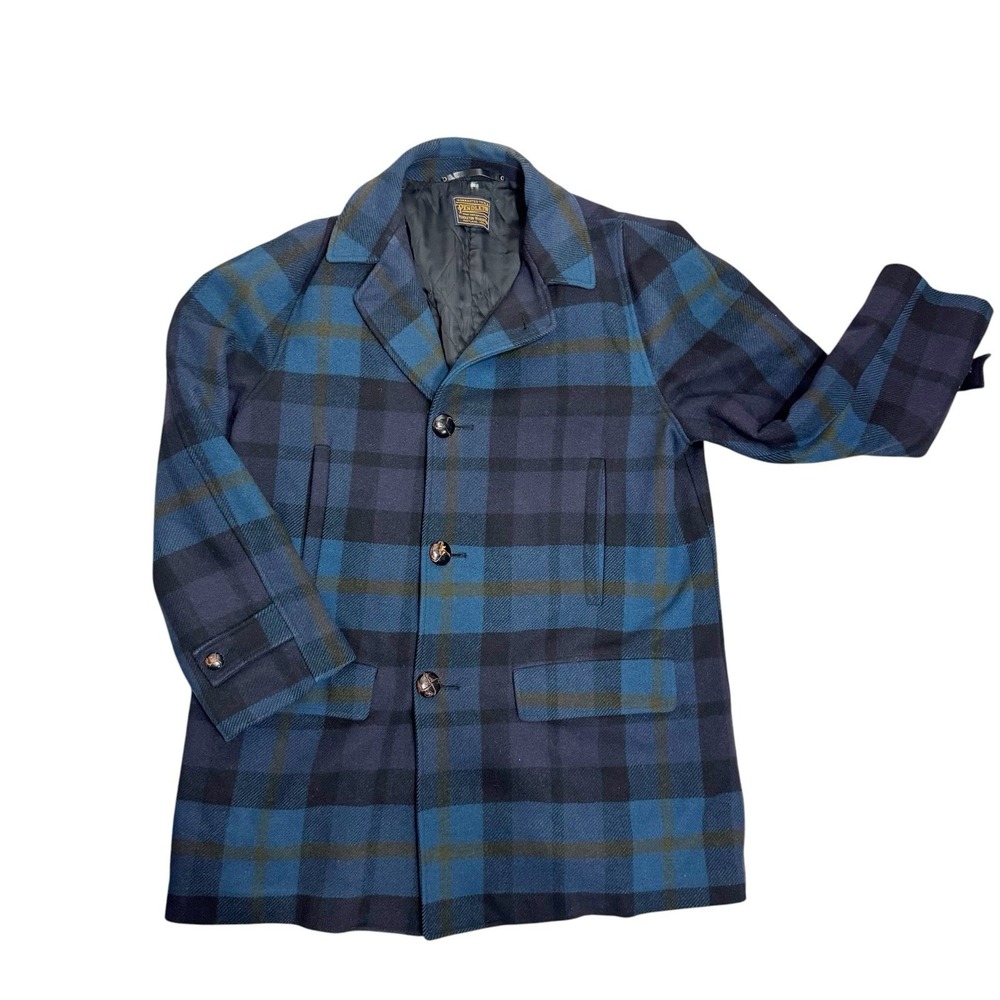 Vintage Pendleton Wool Jacket Car Coat Blue Tartan Plaid 1960s Americana Cabin